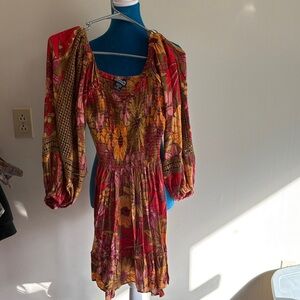 Angie Long Sleeve Floral Midi Dress in Red, Mustard & Pink